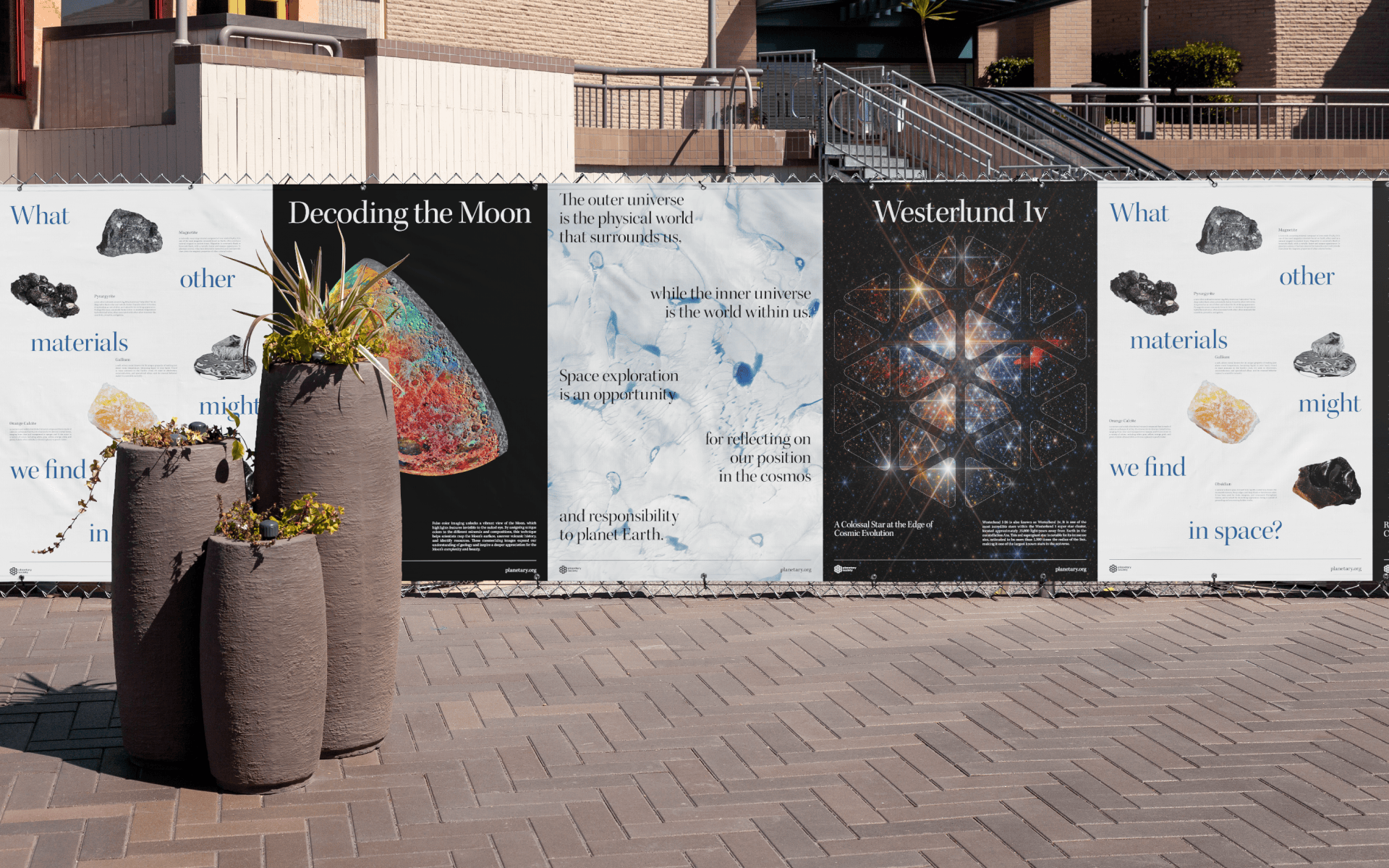 Planetary Society posters at Paseo Colorado outdoor mall in Pasadena, California